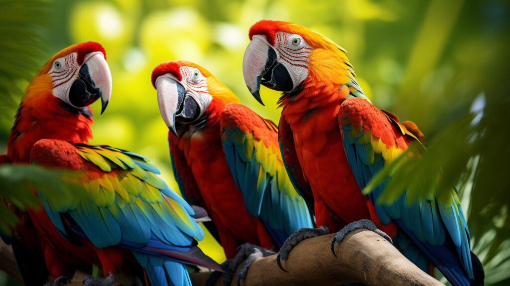 Group of colorful macaws engaged in vibrant midday chatter amid lush foliage