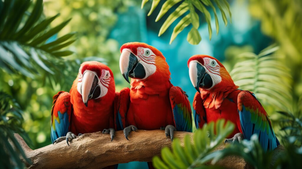 Group of colorful macaws engaged in vibrant midday chatter amid lush foliage